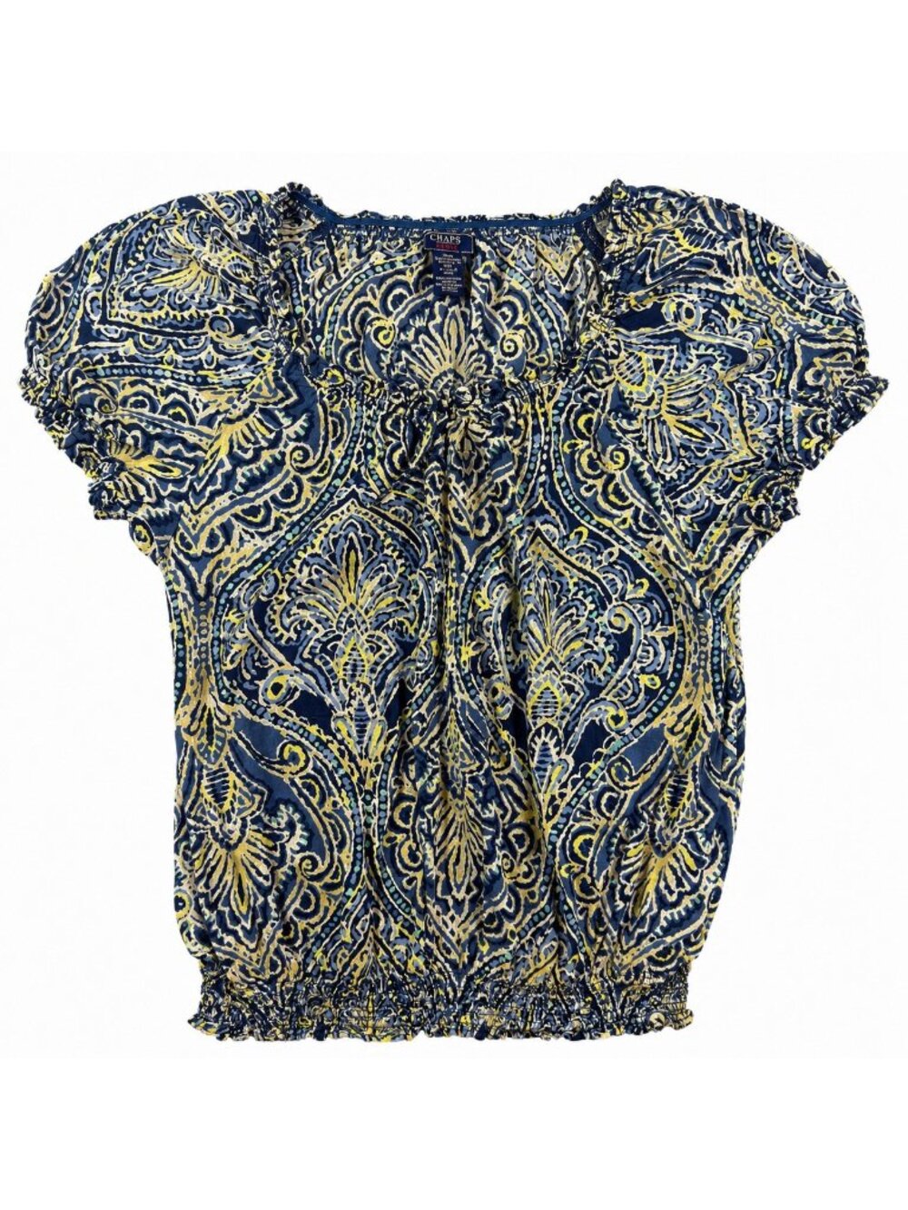 Chaps Denim Women’s Large Blue Paisley Short Sleeve Peasant Blouse Cotton